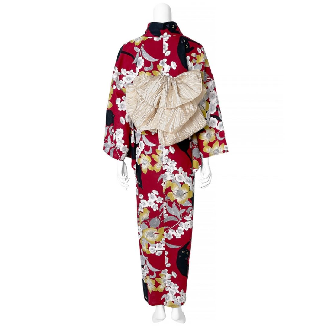 限定1☆浴衣 大正ロマン アンティーク 浴衣 麻の葉 猫 赤 白 黒猫 限定